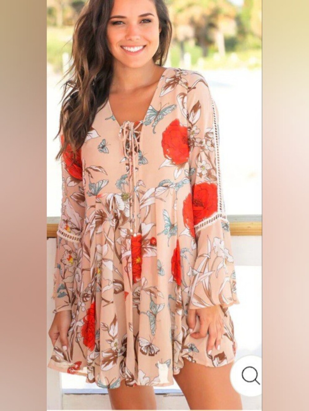 Umgee Blush Floral Tie-Front Dress with Flowing Skirt & Red Accents. NWT. Size L